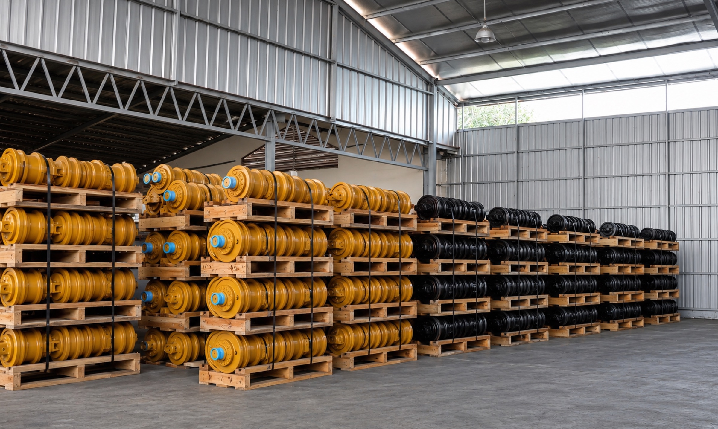 Parts warehouse aisle stacked with undercarriage and G.E.T. components
